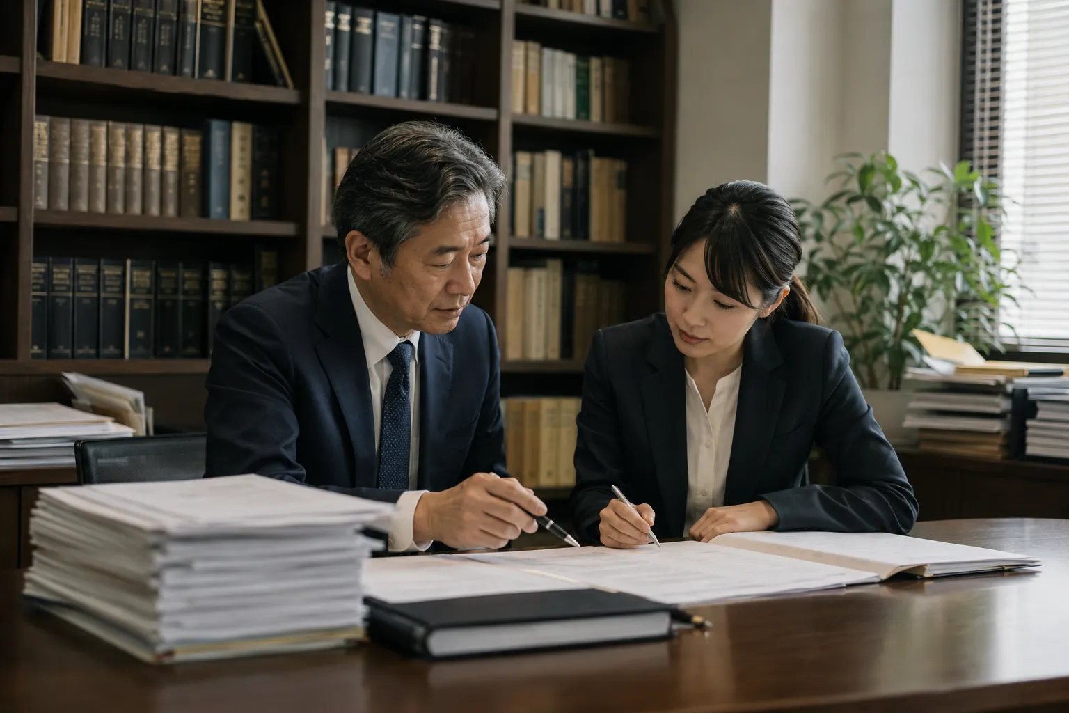 書類を確認しながら打ち合わせをする弁護士2名